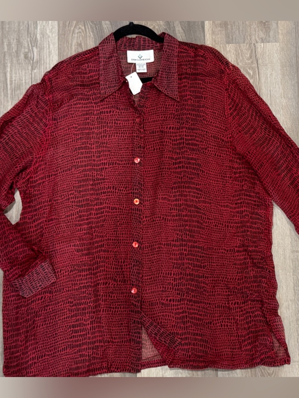 erin london 100% Silk Sheer Red Snakeskin Pattern Button-Up Shirt